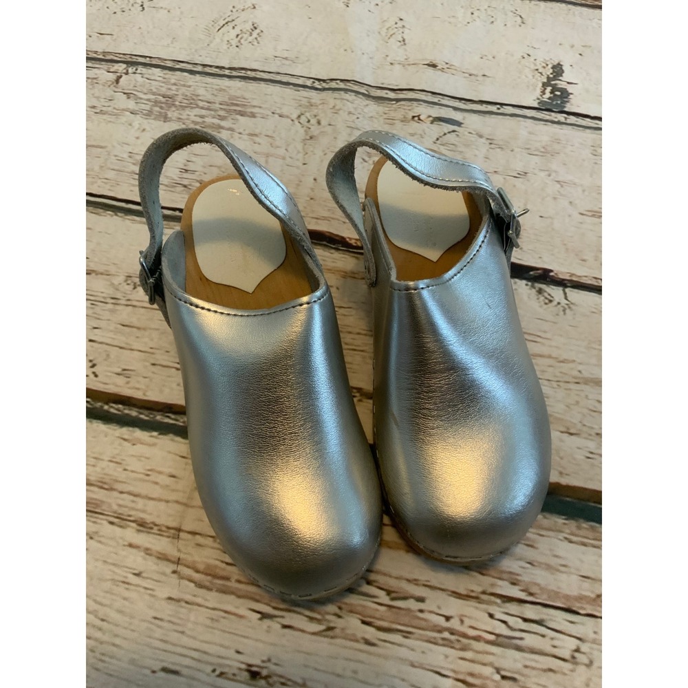 Kids Swedish Clogs Metallic Silver Leather Wooden Heel Slingback Size 31 EU